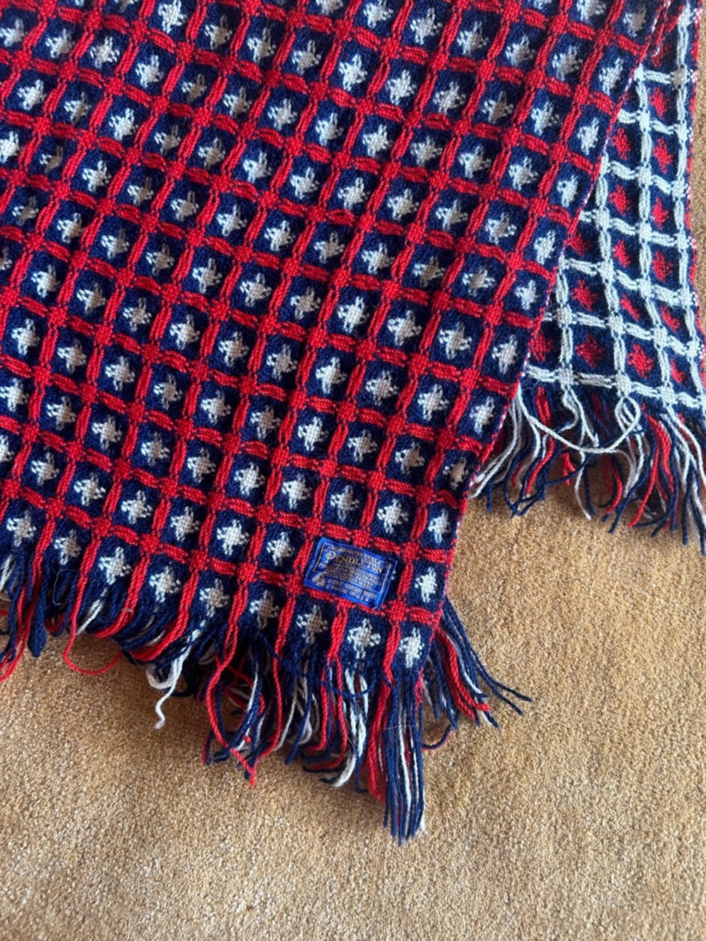 Vintage Pendleton Wool Reversible Navy, Red & Cream Fringe Throw